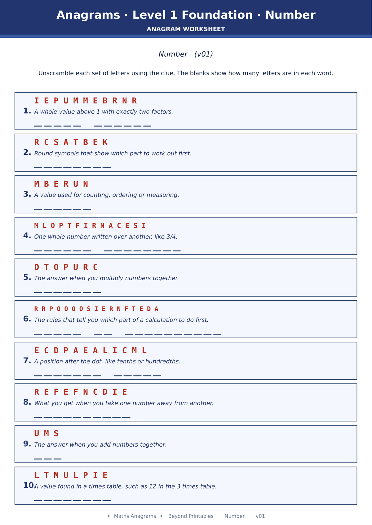 Maths Anagrams Number | Vocabulary Retrieval PDF + PowerPoint