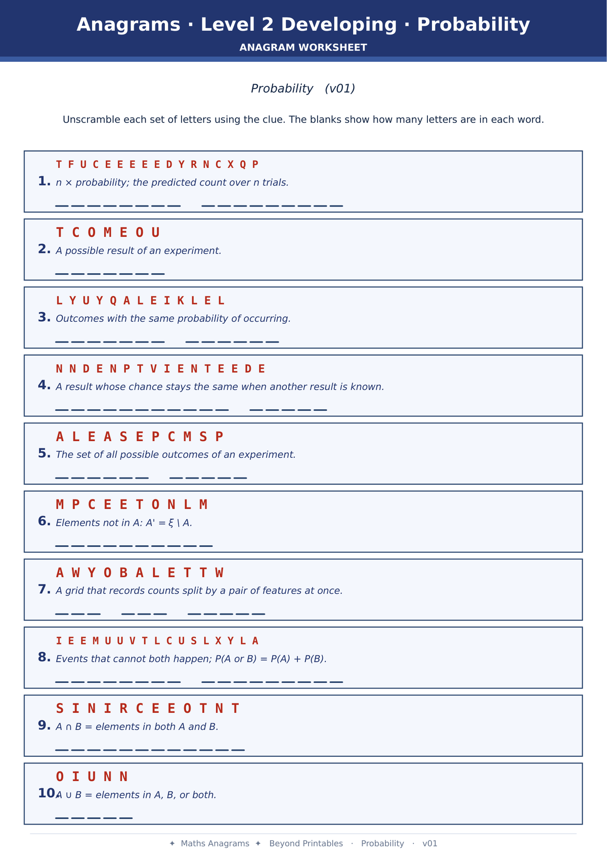Maths Anagrams Probability | Vocabulary Retrieval PDF + PowerPoint