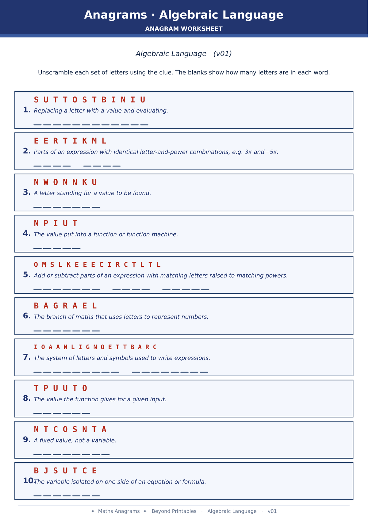 Maths Anagrams Algebraic Language | Vocabulary Retrieval PDF + PowerPoint