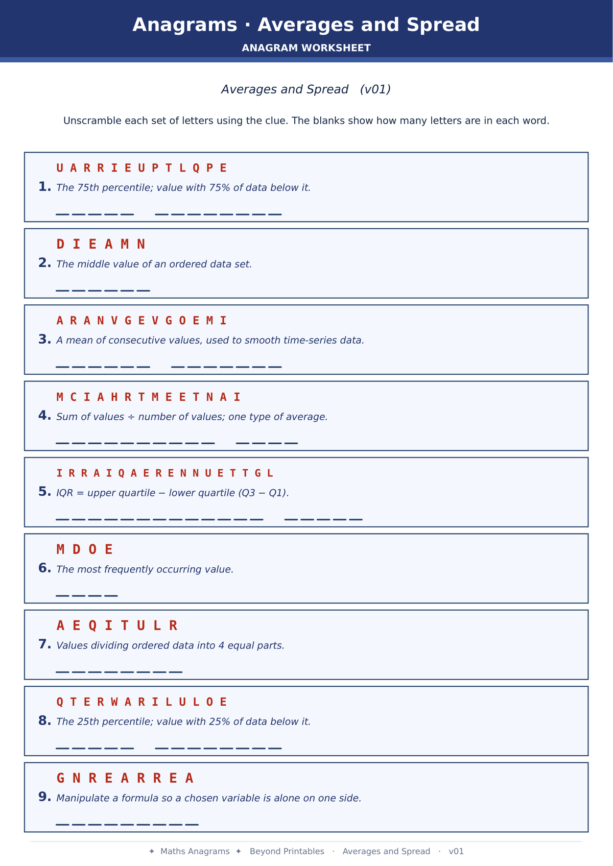 Maths Anagrams Averages and Spread | Vocabulary Retrieval PDF + PowerPoint