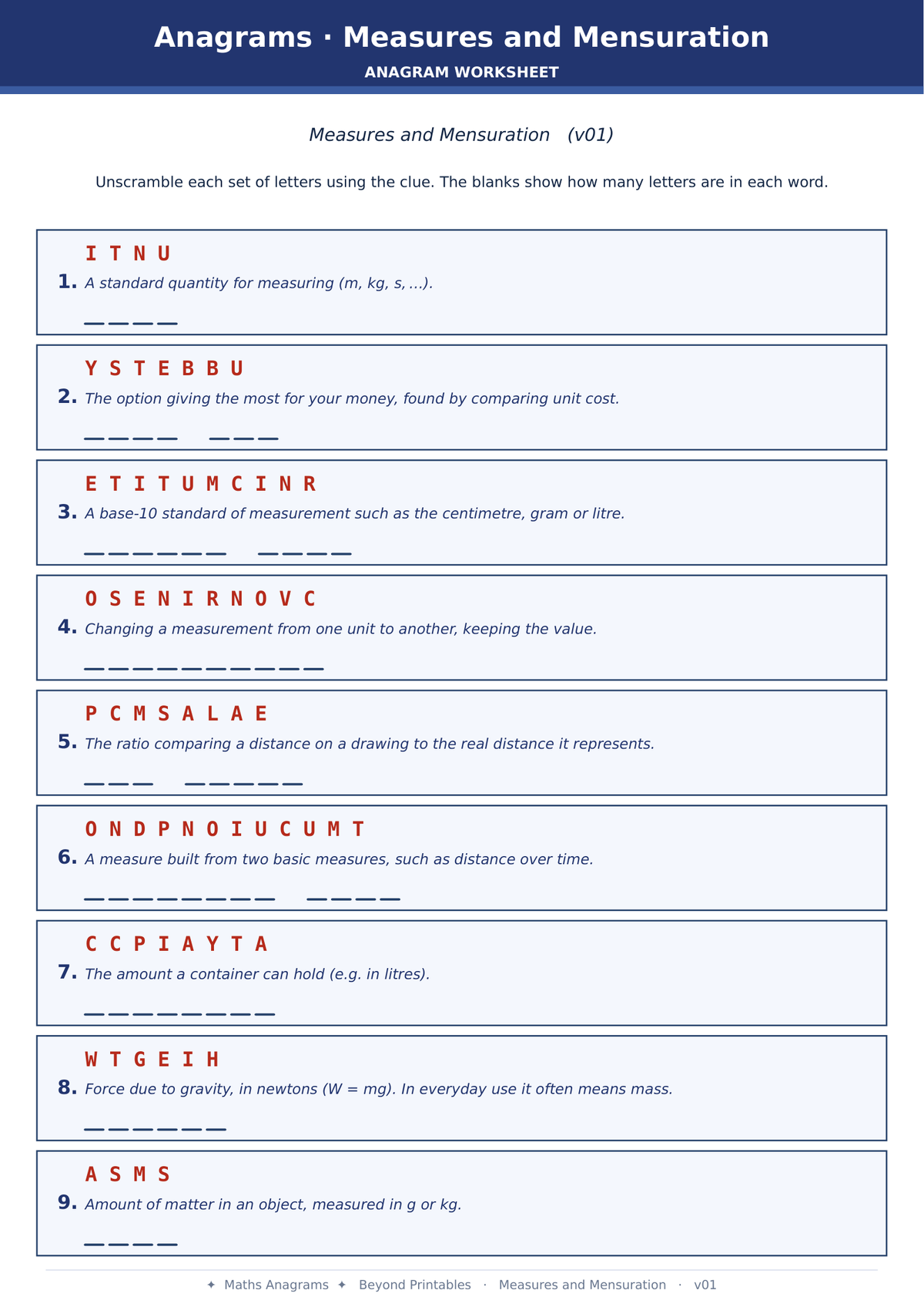 Maths Anagrams Measures and Mensuration | Vocabulary Retrieval PDF + PowerPoint