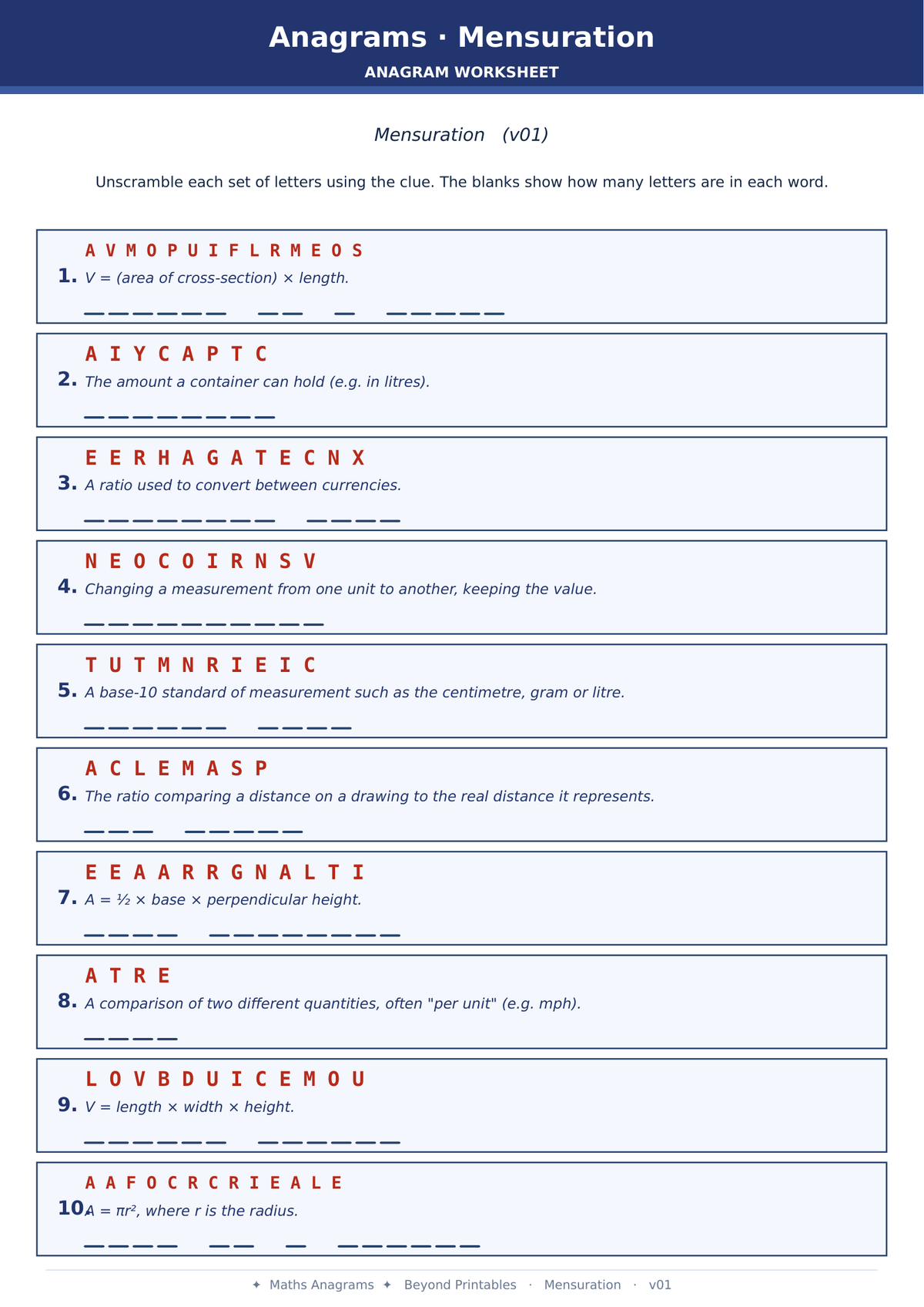 Maths Anagrams Mensuration | Vocabulary Retrieval PDF + PowerPoint