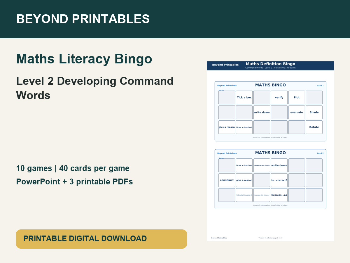 Maths Literacy Bingo: Level 2 Developing Command Words | 10 Games + PowerPoint
