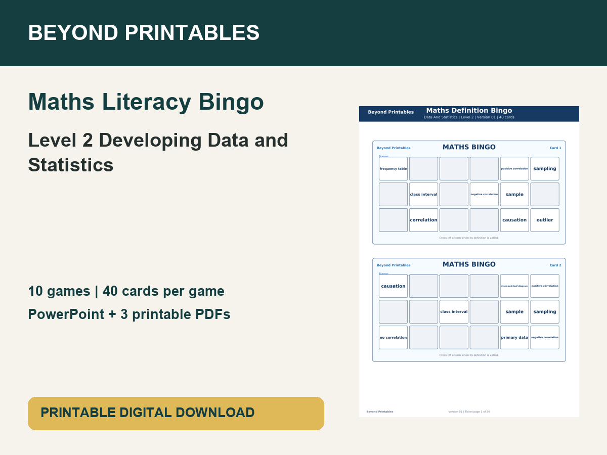 Maths Literacy Bingo: Level 2 Developing Data and Statistics | 10 Games + PowerPoint