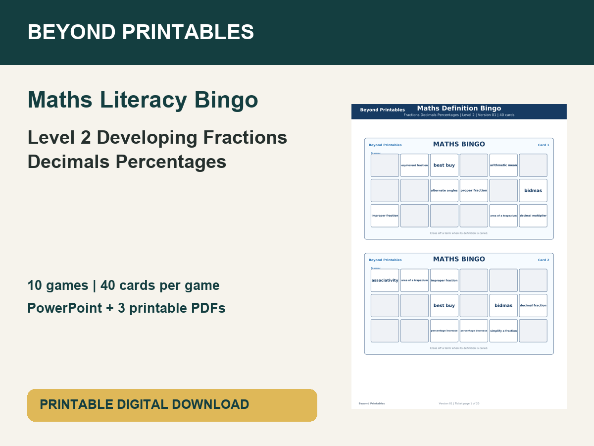 Maths Literacy Bingo: Level 2 Developing Fractions Decimals Percentages | 10 Games + PowerPoint
