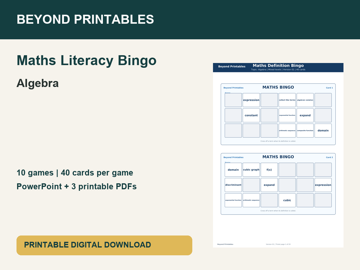 Maths Literacy Bingo: Algebra | 10 Games + PowerPoint