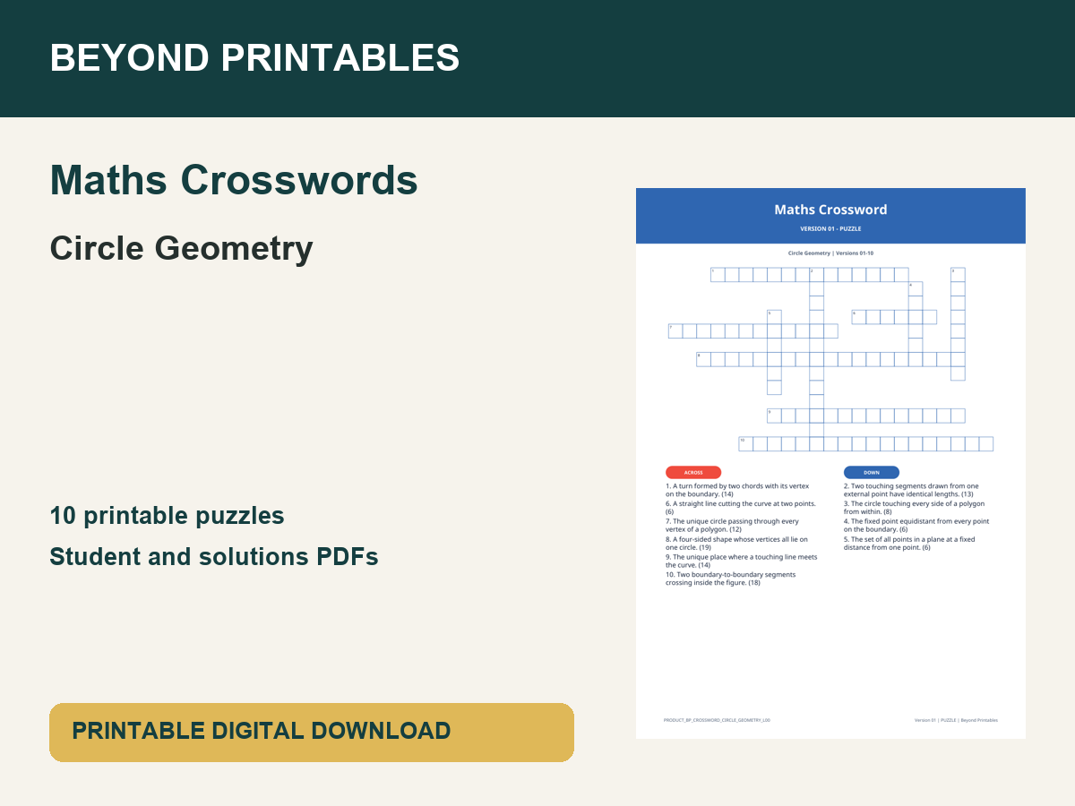 Maths Crosswords: Circle Geometry | 10 Puzzles + Solutions