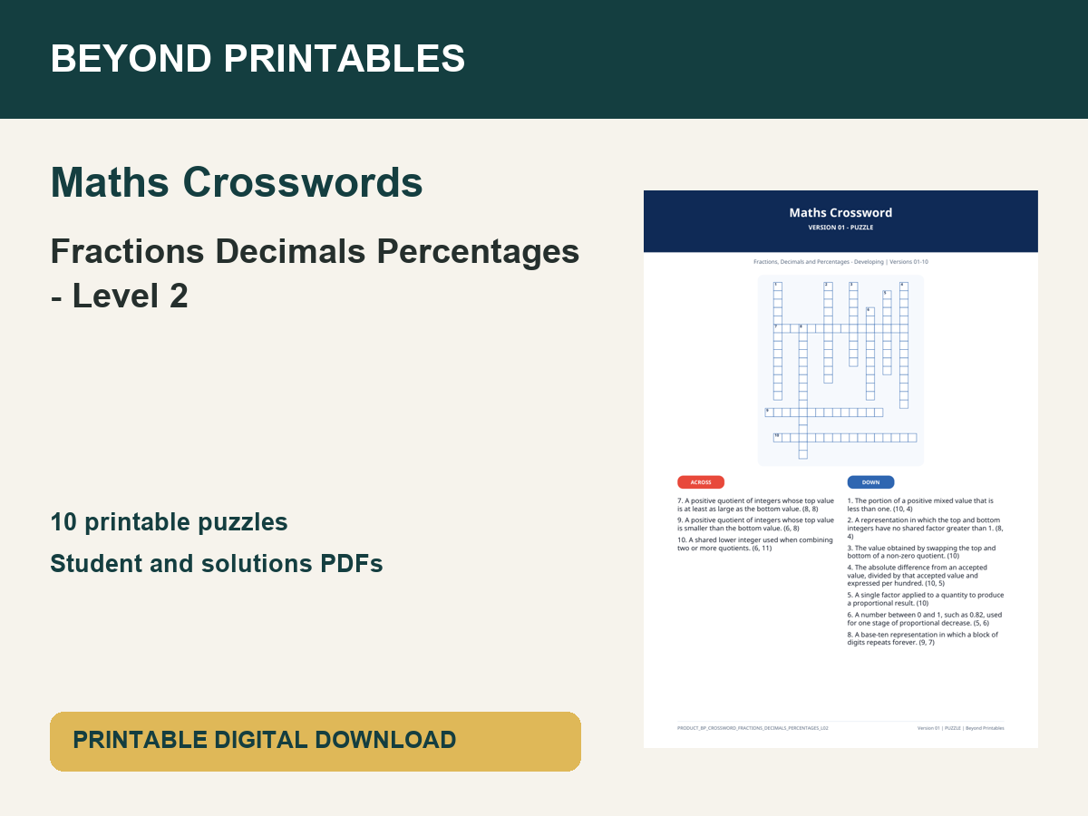Maths Crosswords: Fractions Decimals Percentages - Level 2 | 10 Puzzles + Solutions