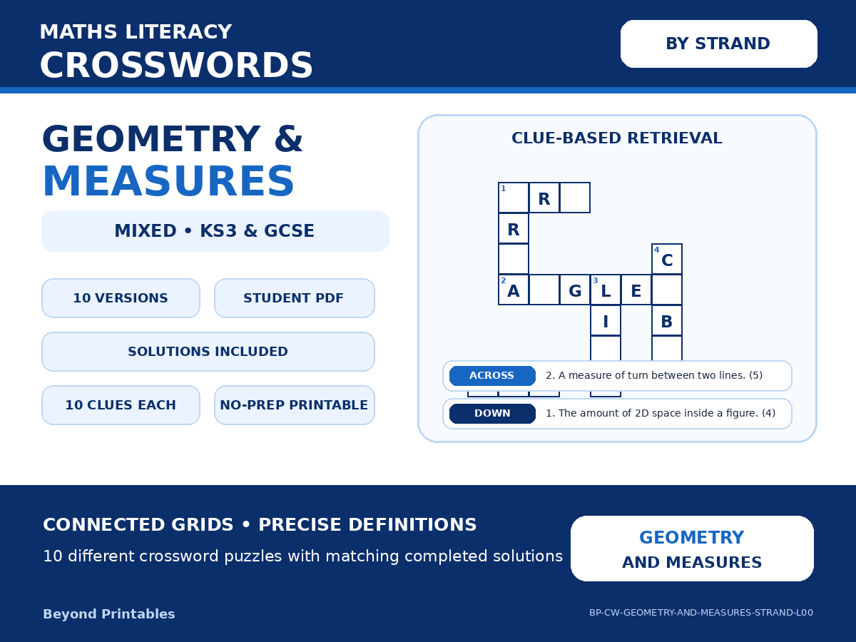 Maths Crosswords: Geometry and Measures Strand | 10 Puzzles + Solutions