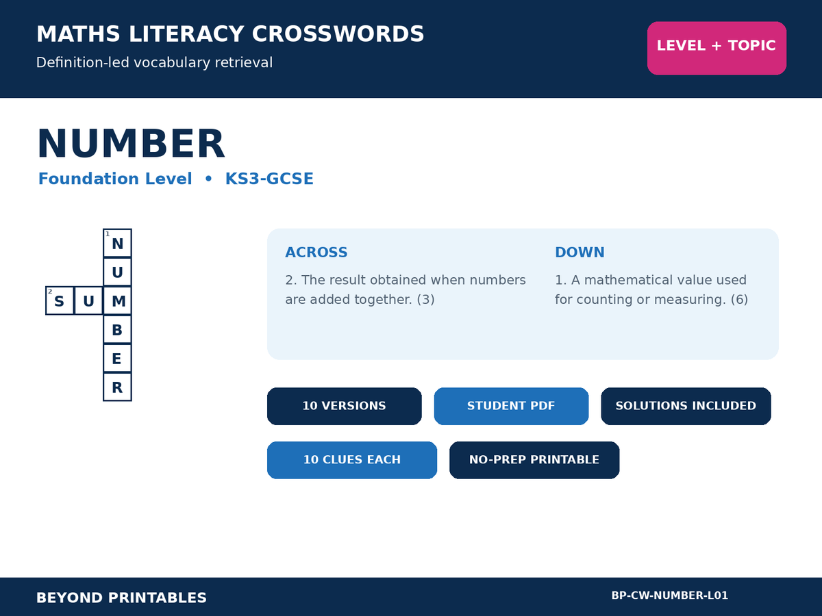 Maths Crosswords: Number - Level 1 | 10 Puzzles + Solutions