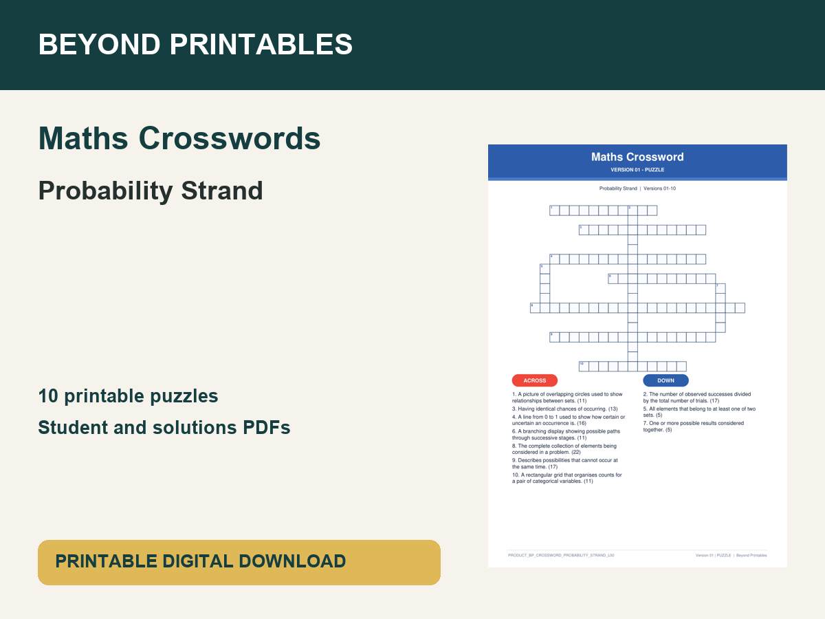 Maths Crosswords: Probability Strand | 10 Puzzles + Solutions