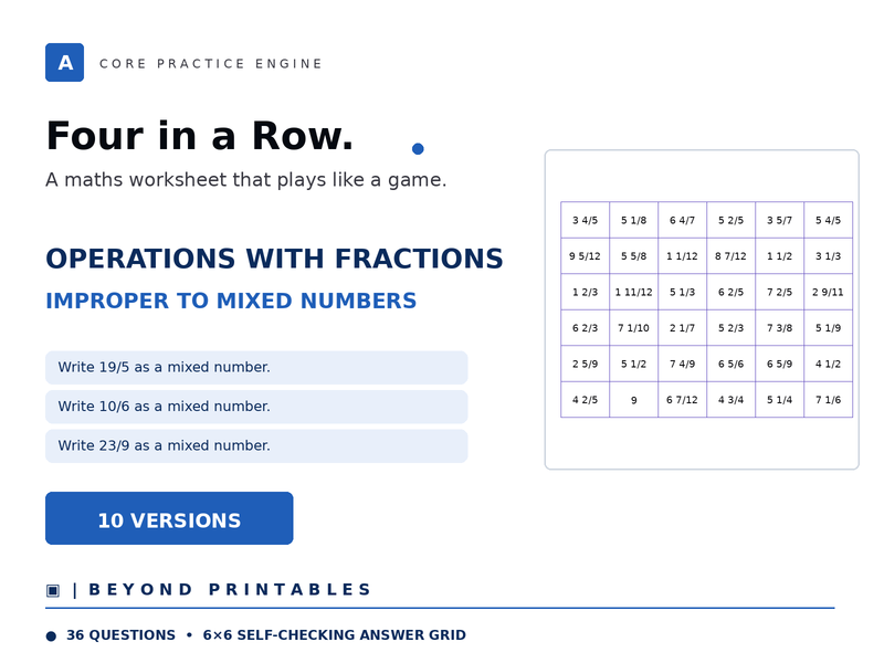 Operations with Fractions Four in a Row | Improper to Mixed Numbers | Level 03 | 10 Games