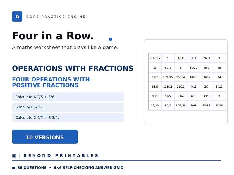 Fraction Four in a Row | Four Operations with Positive Fractions | Level 29 | 10 Games