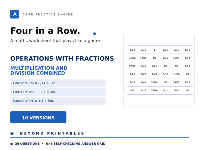 Operations with Fractions Four in a Row | Multiplication and Division Combined | Level 30 | 10 Games