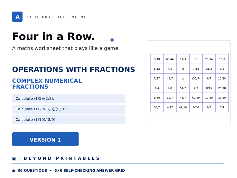Operations with Fractions Four in a Row | Complex Numerical Fractions | Level 37 V1 | Maths Game