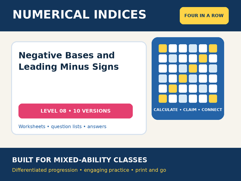 Numerical Indices – Negative Bases and Leading Minus Signs – Four in a Row – 10 Worksheets + Answers