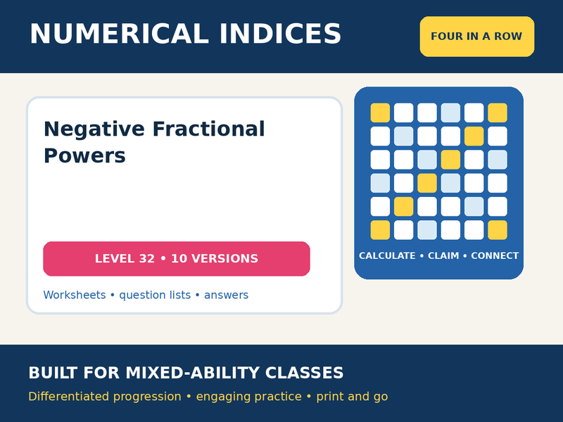 Numerical Indices – Negative Fractional Powers – Four in a Row – 10 Worksheets + Answers