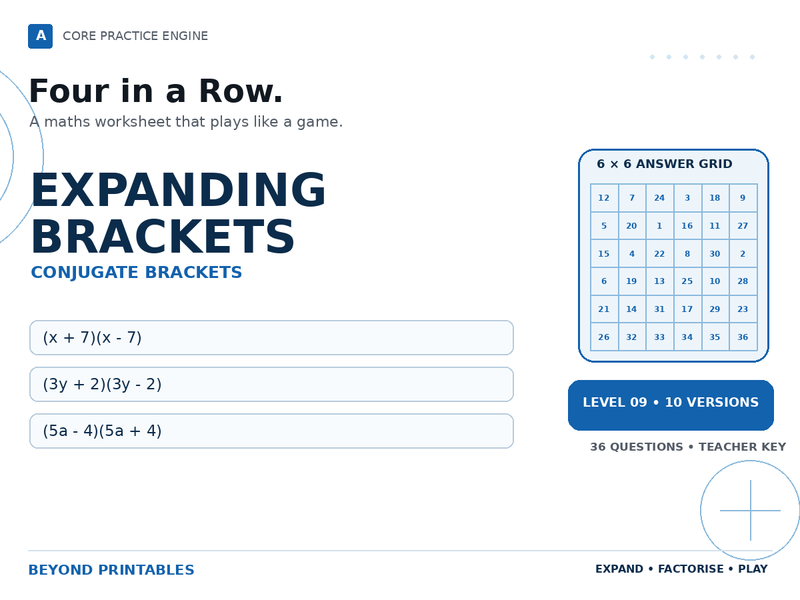 Expanding Brackets Four in a Row | (x + 7)(x - 7) : Level 09 | 10 Maths Games