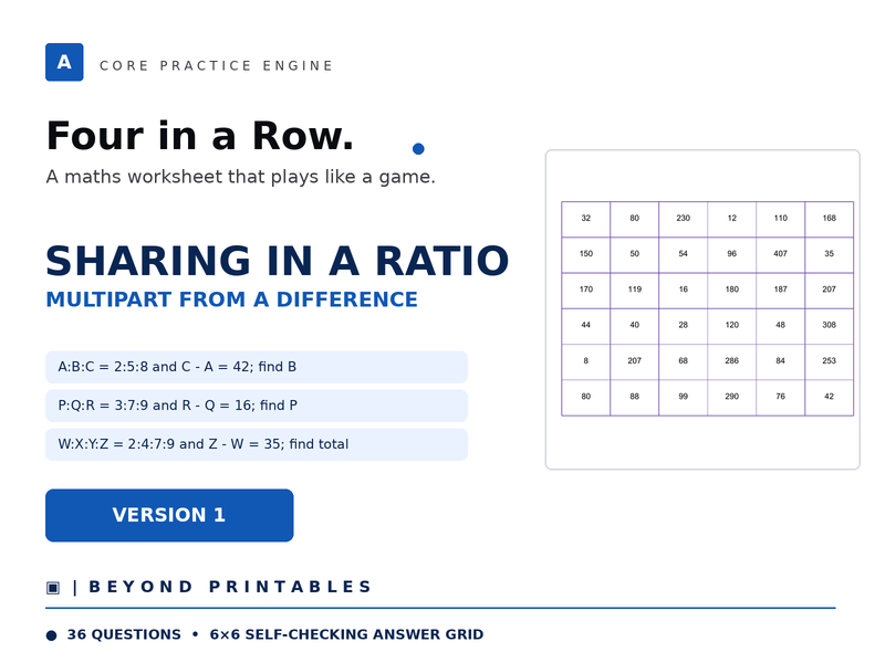 Sharing in a Ratio Four in a Row | Multipart from a Difference | Level 13 Version 1 | Maths Game