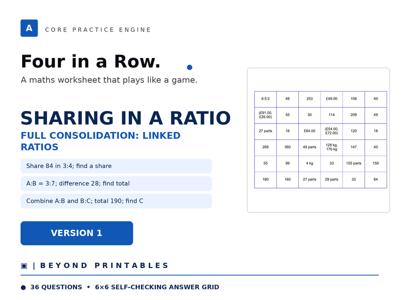 Sharing in a Ratio Four in a Row | Full Consolidation: Linked Rati | Level 19 Version 1 | Maths Game