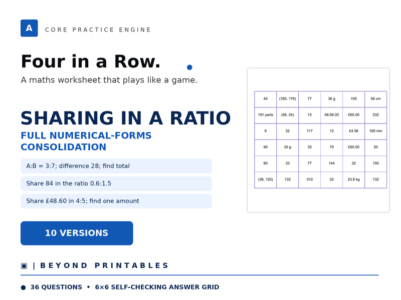 Sharing in a Ratio Four in a Row | Full Numerical-Forms Consolidation | Level 23 | 10 Maths Games