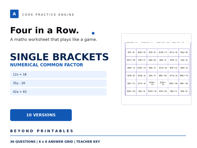 Expanding and Factorising Single Brackets Four in a Row | 12x+18 | Level 13 | 10 Maths Games