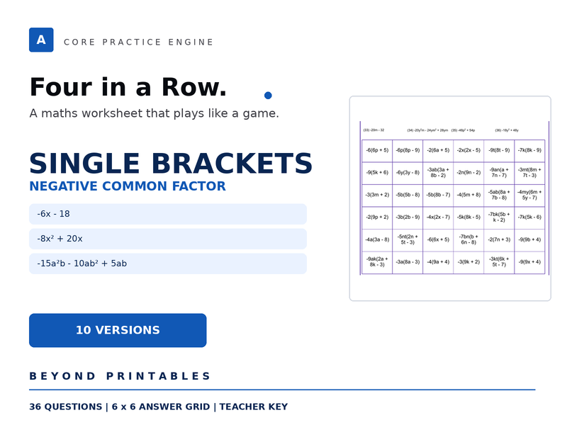 Expanding and Factorising Single Brackets Four in a Row | -6x-18 | Level 19 | 10 Maths Games