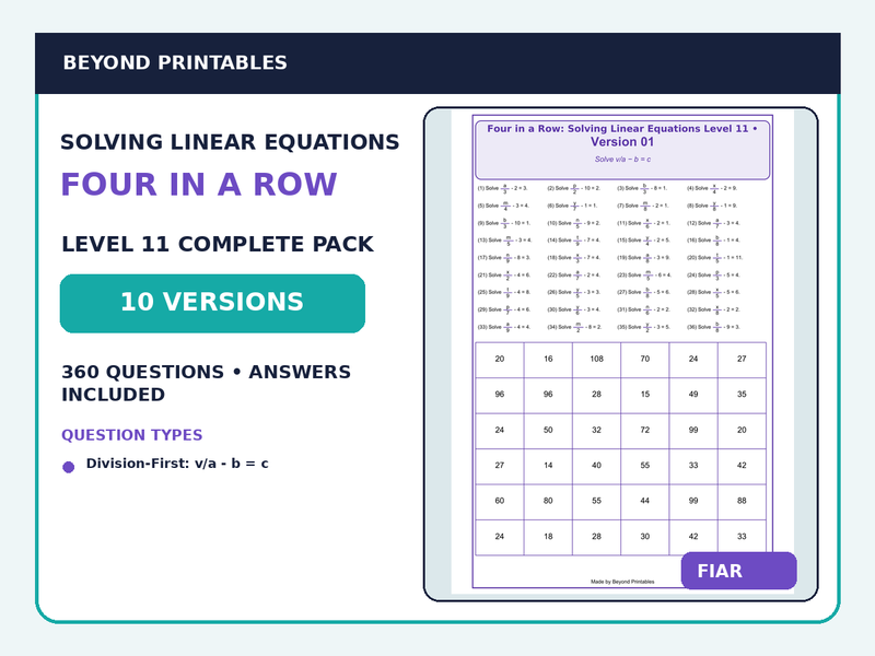 Solving Linear Equations Four in a Row | x/3 - 5 = 7 : Level 11 | 10-Version Maths Pack