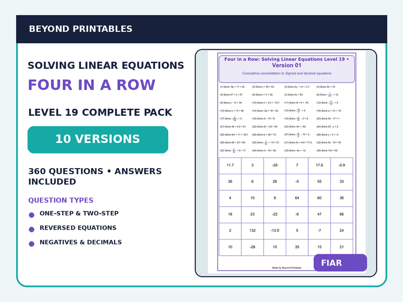 Solving Linear Equations Four in a Row | Mixed Equations with Negatives & Decimals : Level 19 | 10-Version Maths Pack