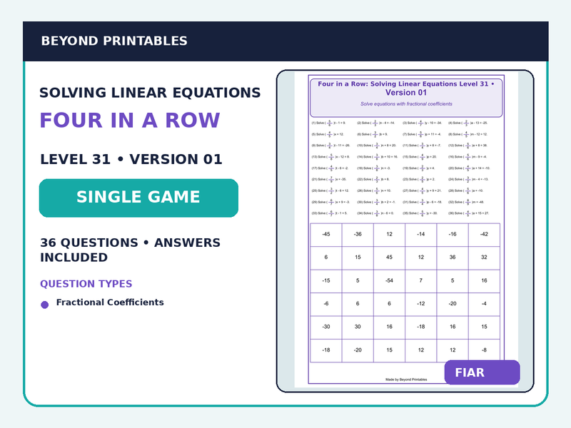 Solving Linear Equations Four in a Row | (2/3)x + 5 = 13 : Level 31 Version 1 | Maths Game