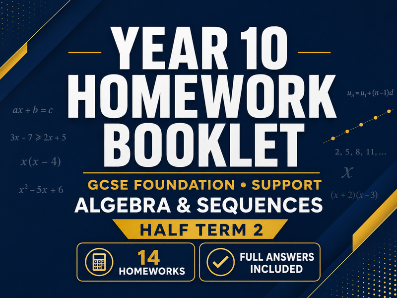 Year 10 Maths Homework Booklet – GCSE Foundation Support Half term 2– Algebra & Sequences — cover