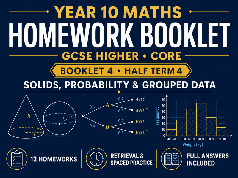 Year 10 Maths Homework Booklet – GCSE Higher Core – Half Term 4 with Answers — cover