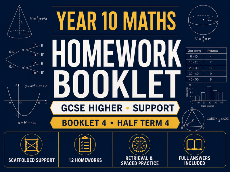 Year 10 Maths Homework Booklet – GCSE Higher Support – Half Term 4 with Answers — cover