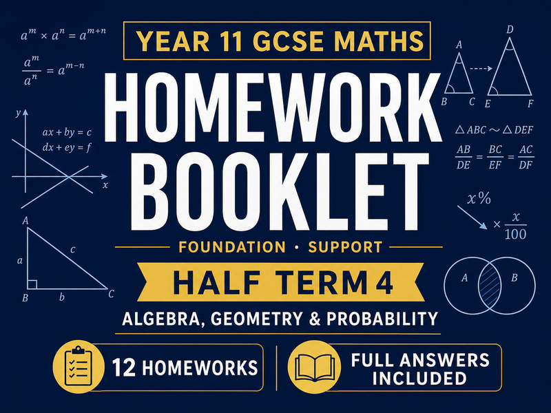 Year 11 GCSE Foundation Maths Homework Booklet – Support Half Term 4 with Answers — cover