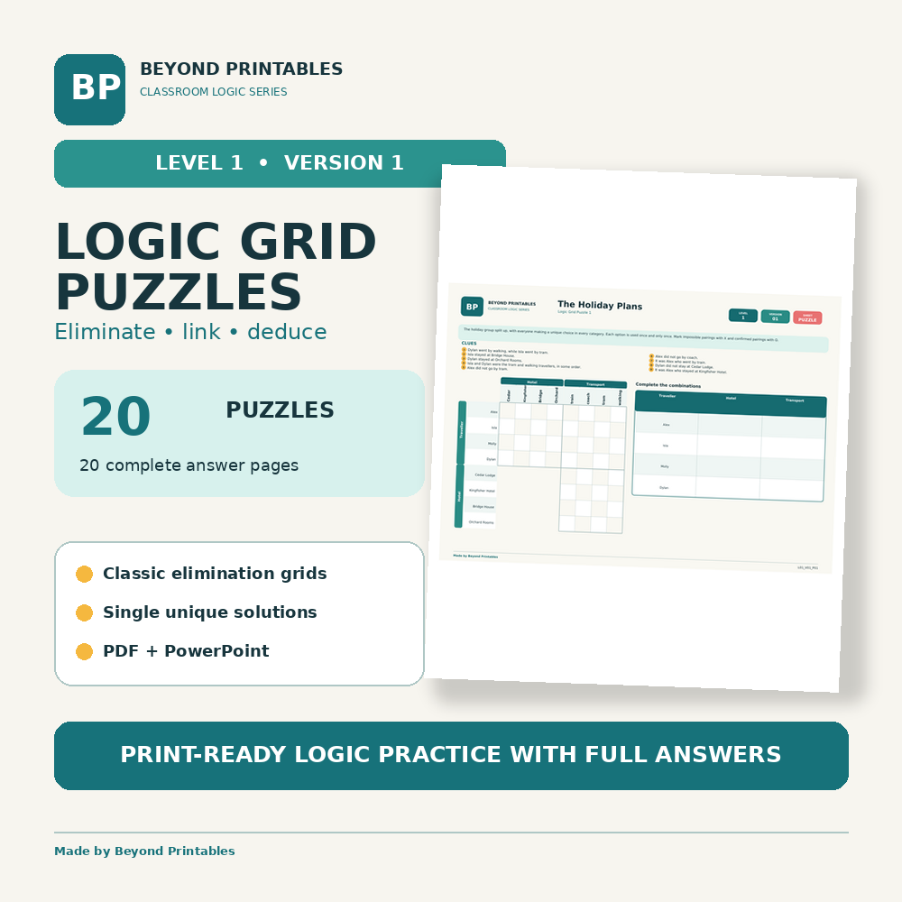 Logic Grid Puzzles Level 1: First Deductions | Version 1, 20 Puzzles