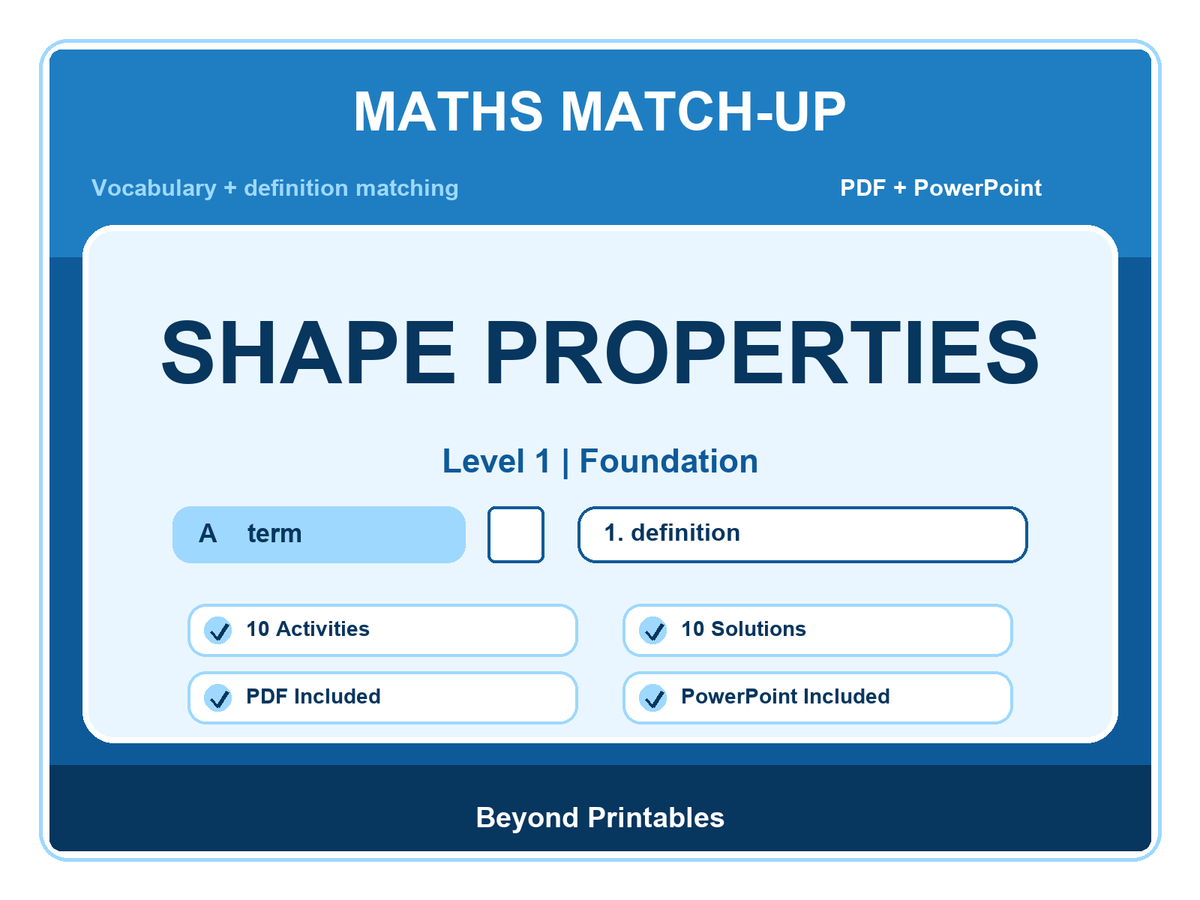 Maths Literacy Match-Up: Level 1 Foundation Shape Properties | 10 Activities + PowerPoint