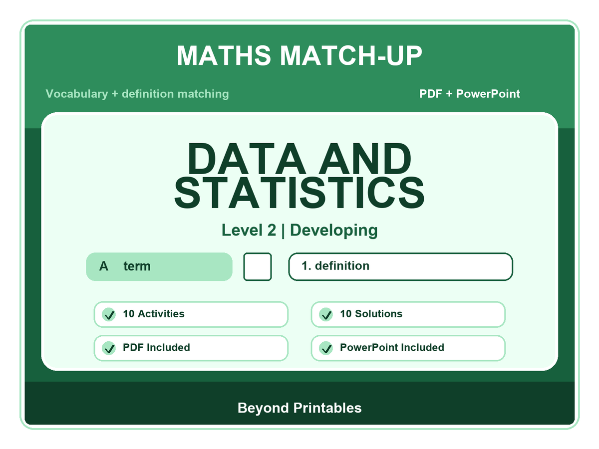 Maths Literacy Match-Up: Level 2 Developing Data and Statistics | 10 Activities + PowerPoint