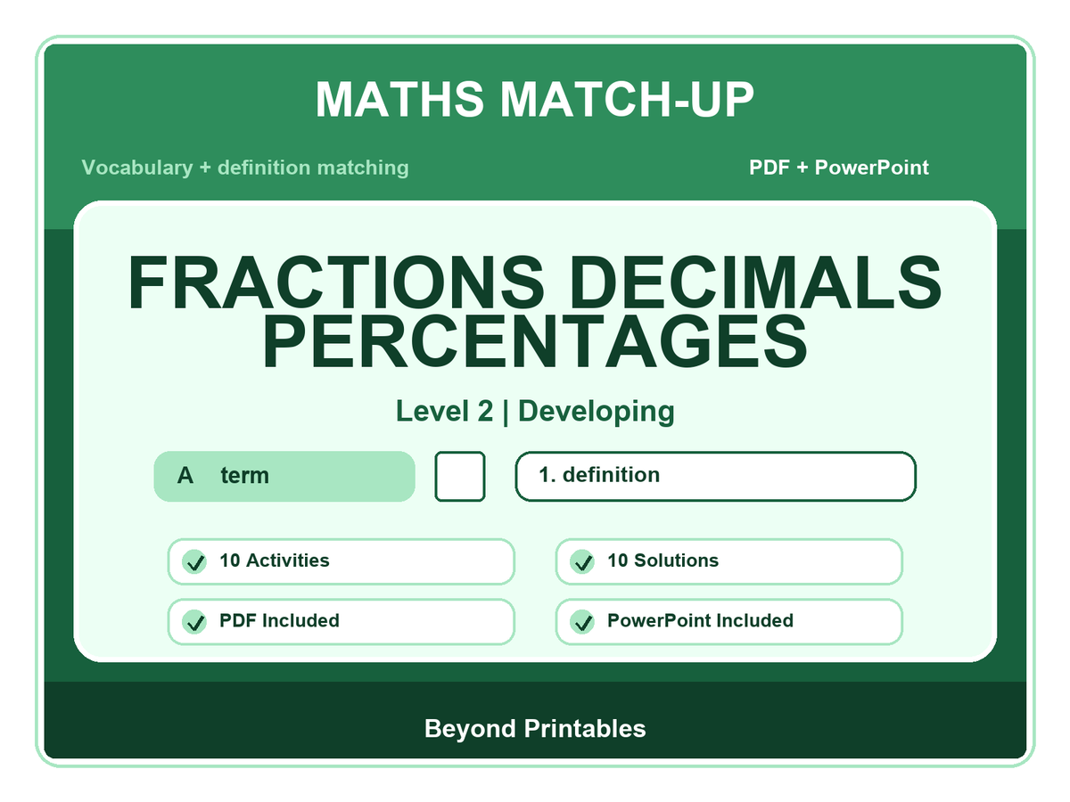 Maths Literacy Match-Up: Level 2 Developing Fractions Decimals Percentages | 10 Activities + PowerPoint