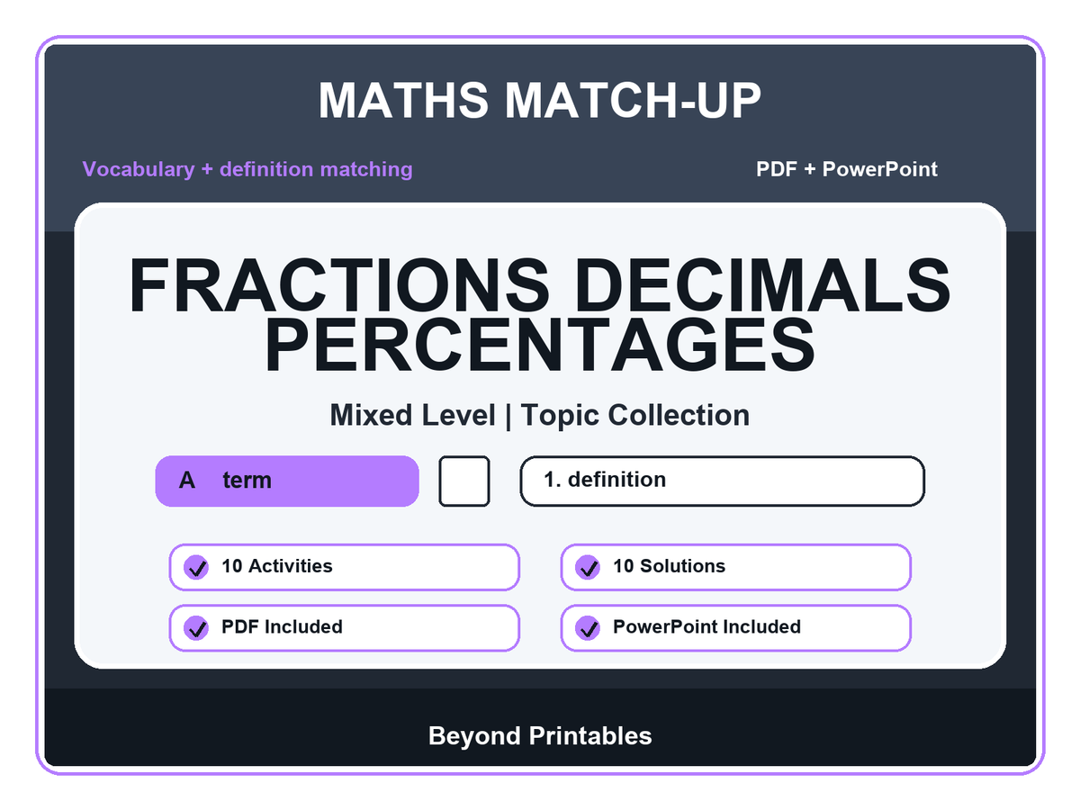 Maths Literacy Match-Up: Fractions Decimals Percentages | 10 Activities + PowerPoint