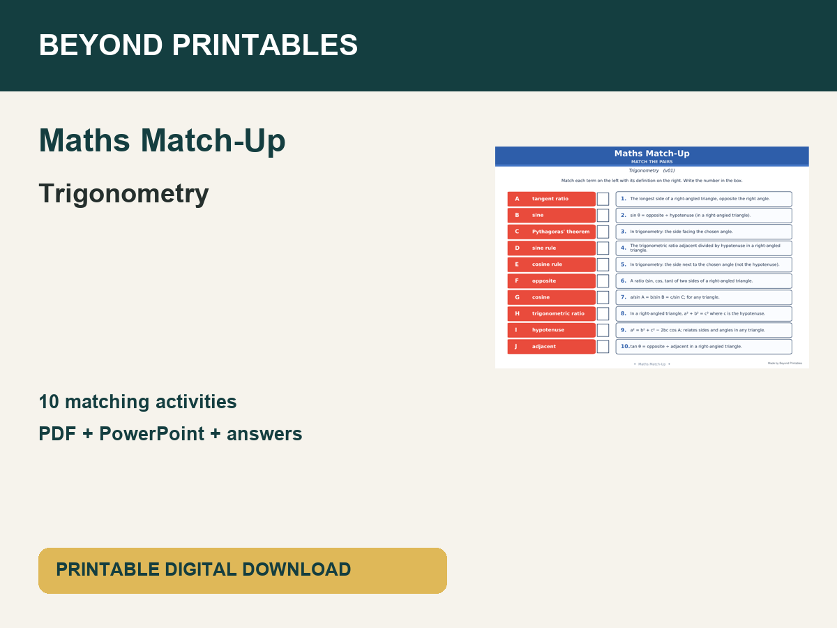 Maths Literacy Match-Up: Trigonometry | 10 Activities + PowerPoint