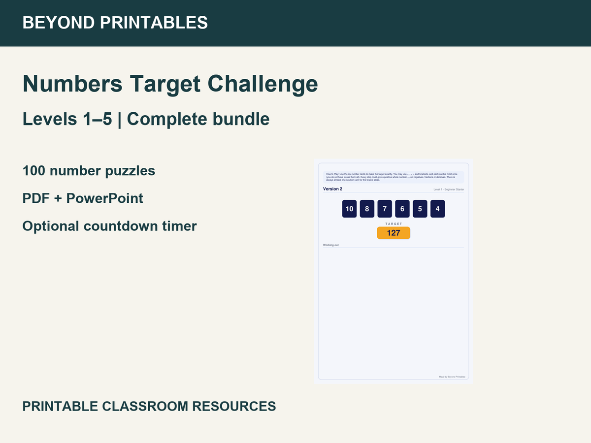 Number Target Challenge Beginner Bundle: Levels 1–5 | 100 Maths Puzzles