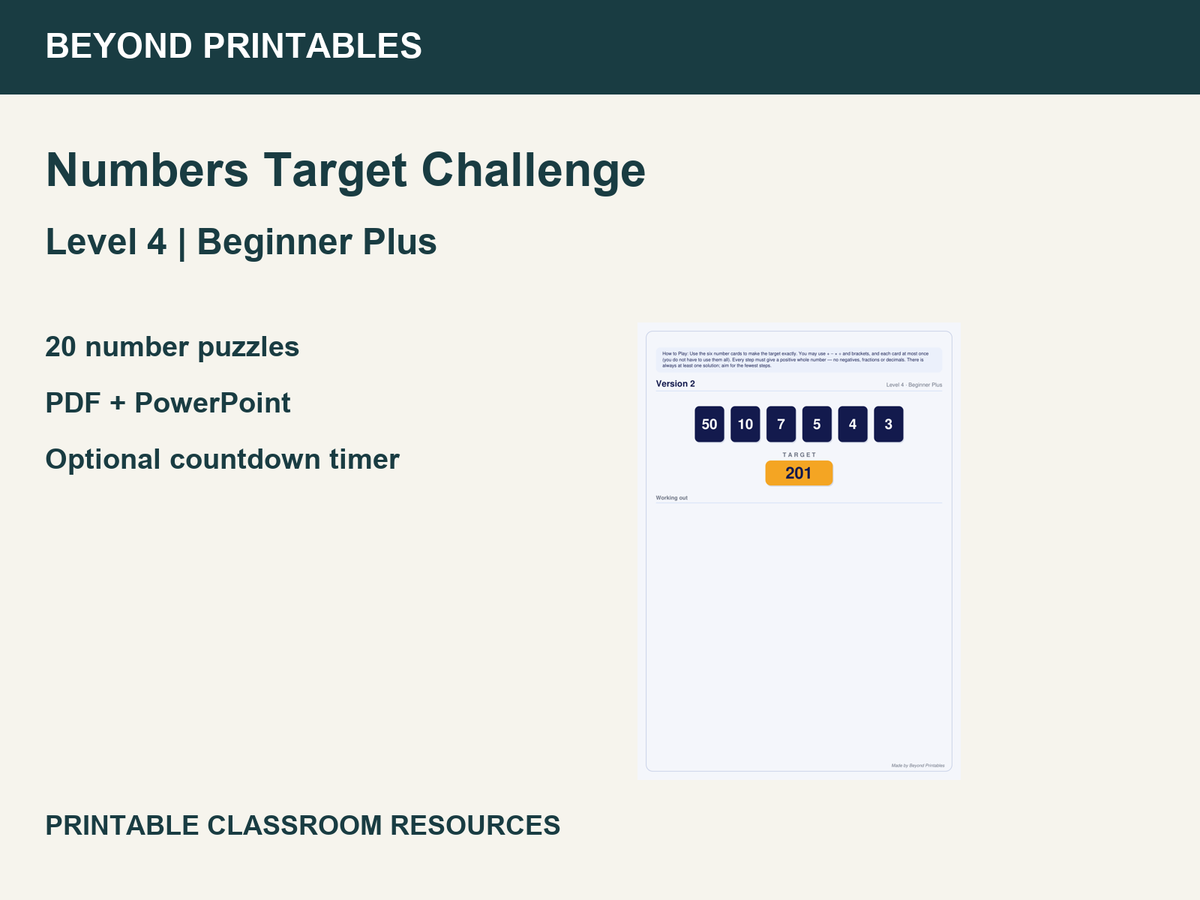 Number Target Challenge Level 4: Beginner Plus | 20 Strategic Maths Puzzles
