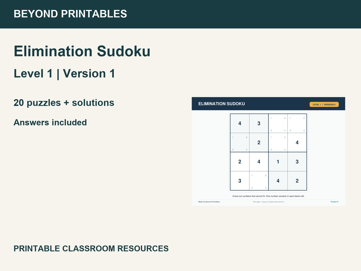 Elimination Sudoku Level 1 V1 | 20 Supported 4×4 Puzzles with Answers