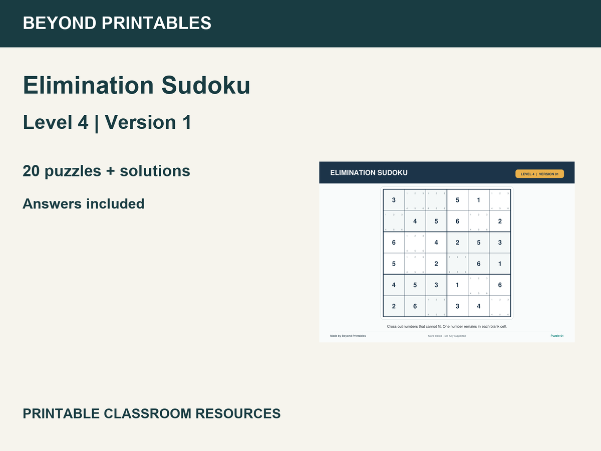 Elimination Sudoku Level 4 V1 | 20 Supported 6×6 Logic Puzzles with Answers