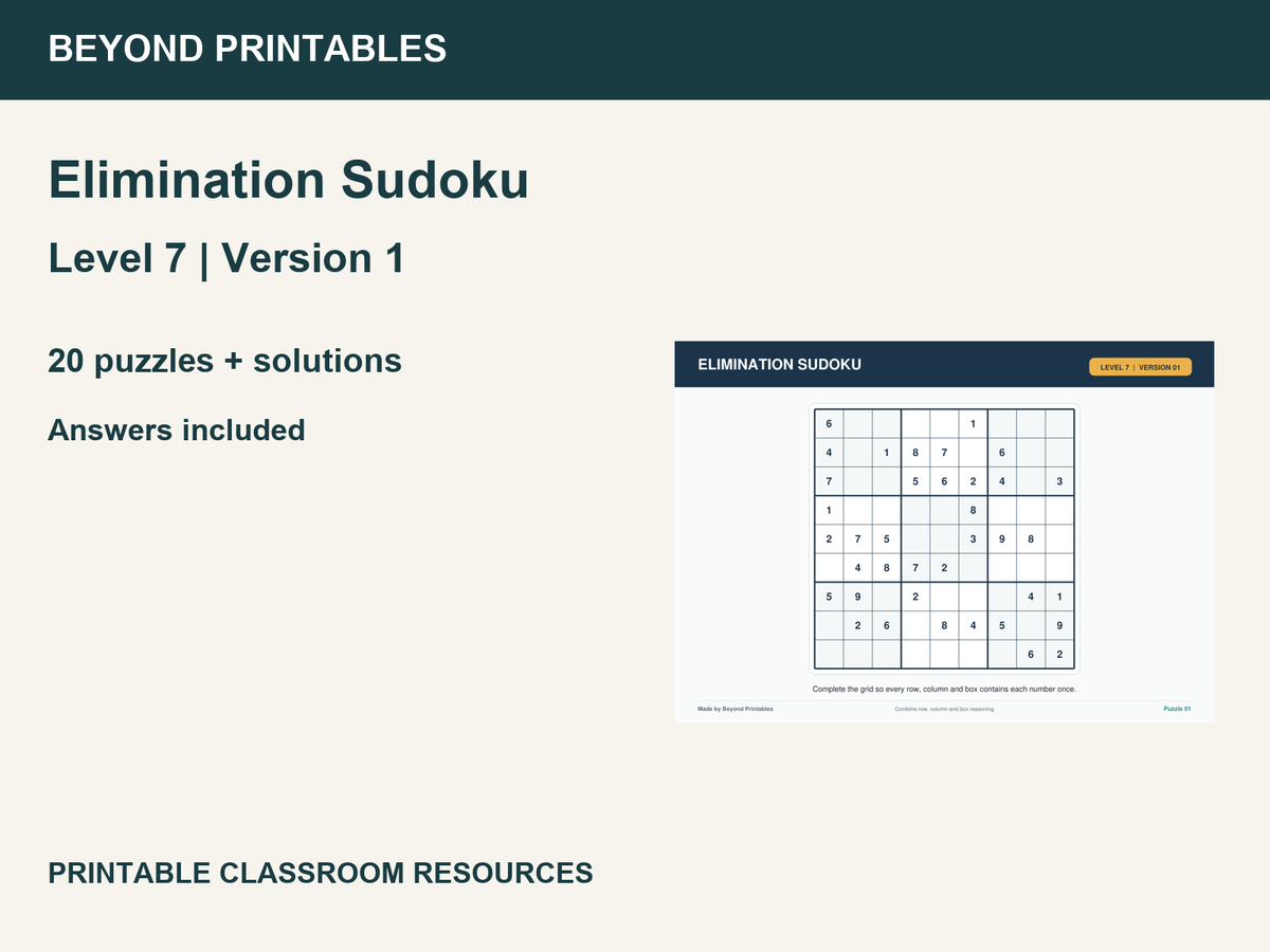 Elimination Sudoku Level 7 V1 | 20 Independent 9×9 Logic Puzzles with Answers