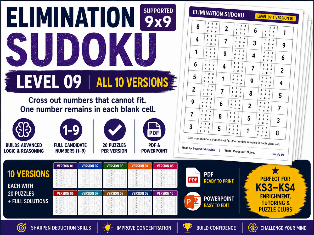 Elimination Sudoku Level 9 Bundle | 10 Versions | 200 Advanced 9×9 Logic Puzzles