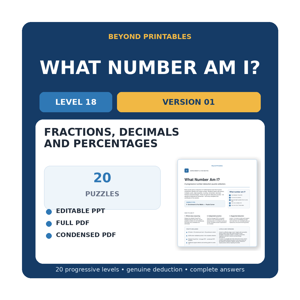 What Number Am I? L18 Fractions, Decimals And Percentages V01 | PPT & PDF Maths Puzzles