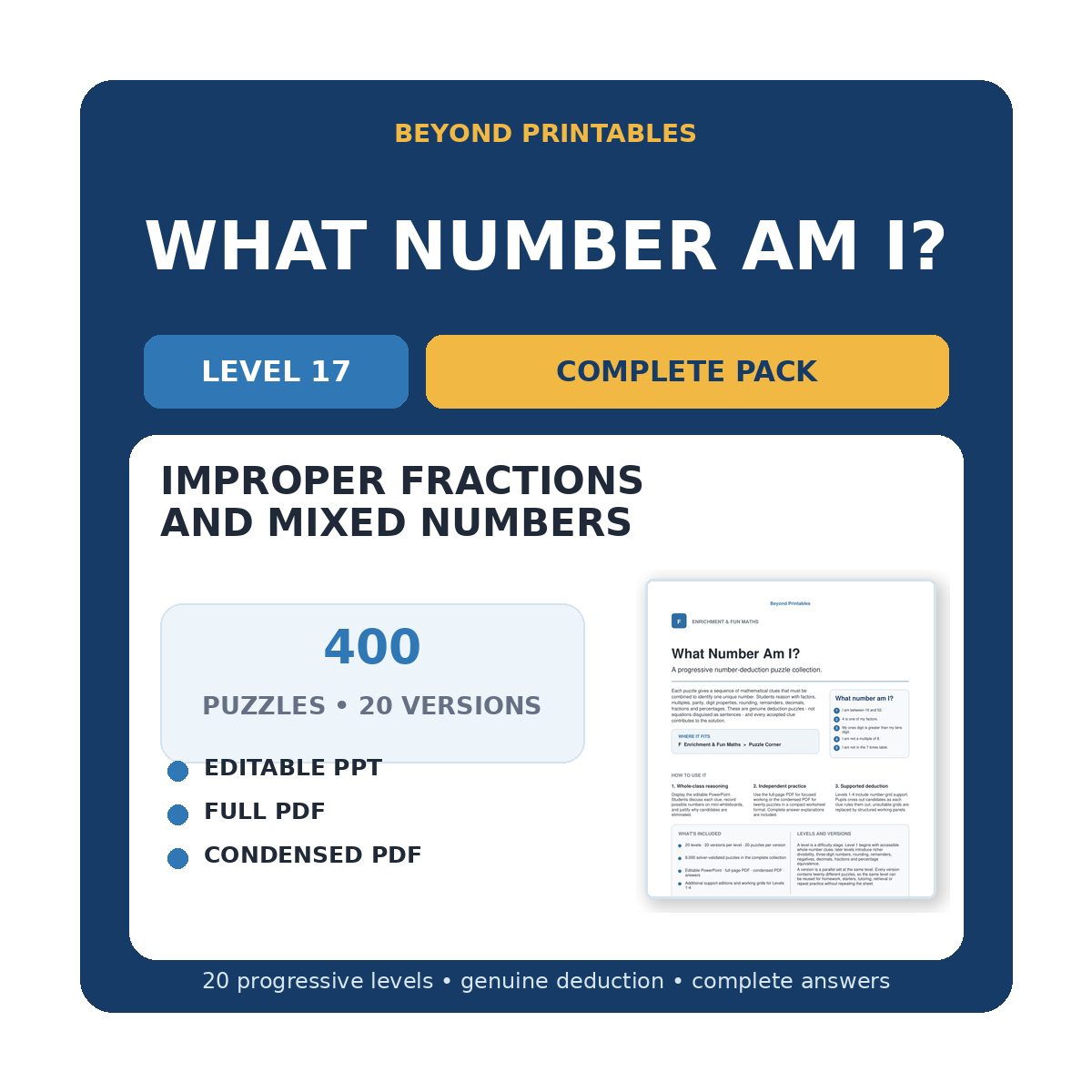 What Number Am I? Level 17: Improper Fractions And Mixed Numbers | 20-Version Bundle