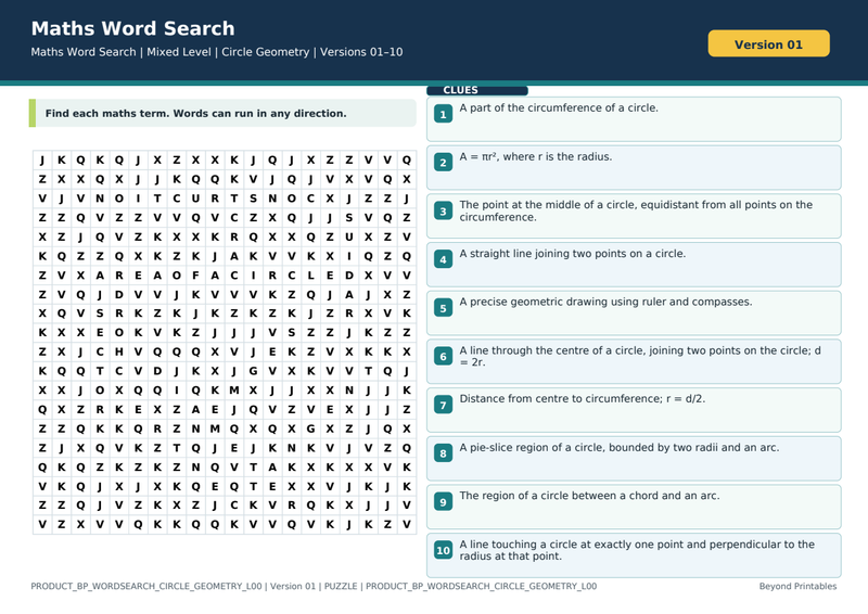 Circle Geometry Maths Word Search | 10 Printable Vocabulary Puzzles with Solutions — puzzle preview