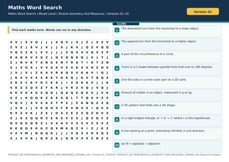 Geometry And Measures Strand Maths Word Search | 10 Printable Vocabulary Puzzles with Solutions — puzzle preview